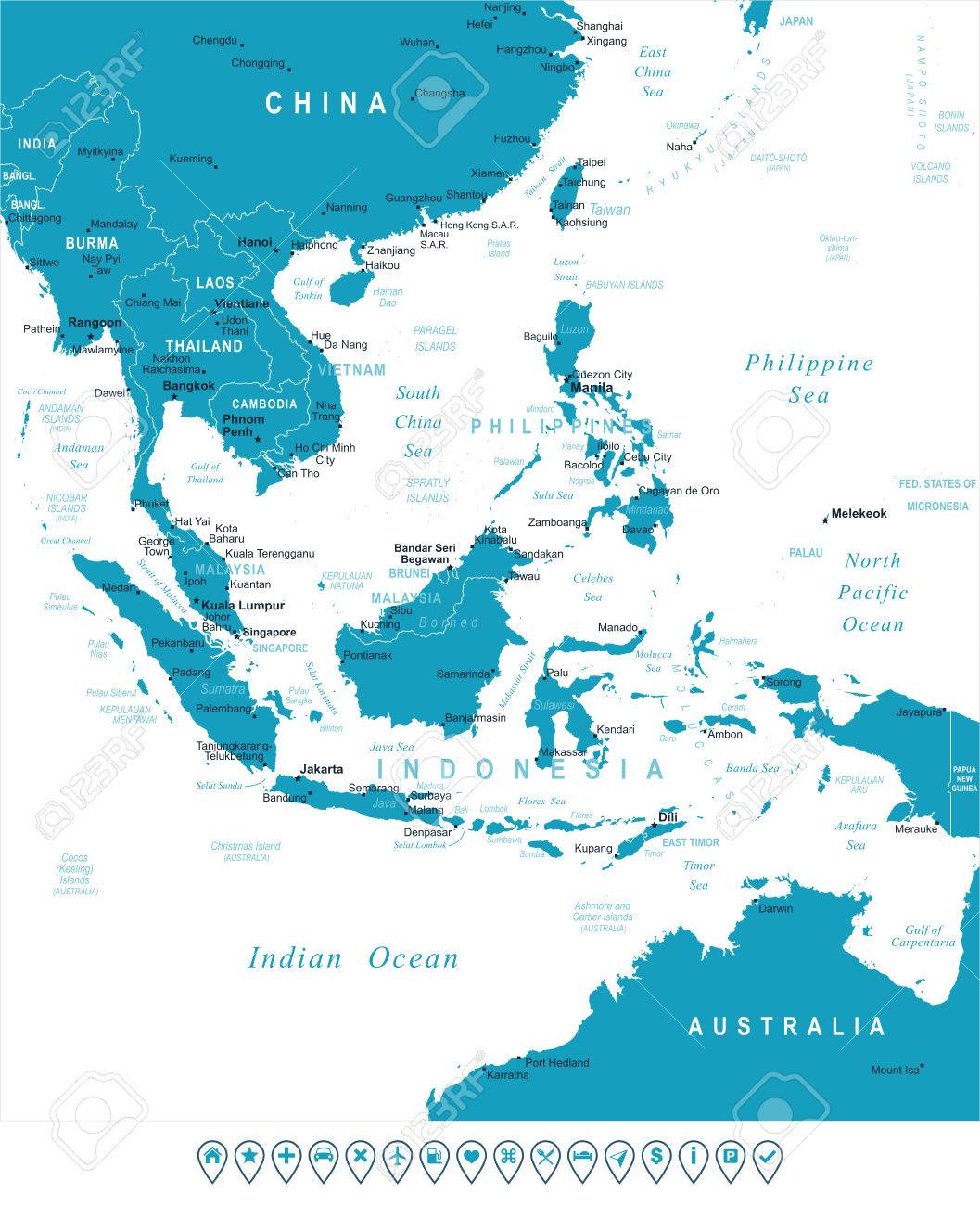 東南アジア地図 非常に詳細なベクトルの図 イメージには 土地の輪郭 国や土地の名前 都市名 水オブジェクト名が含まれているナビゲーション アイコン のイラスト素材 ベクタ Image