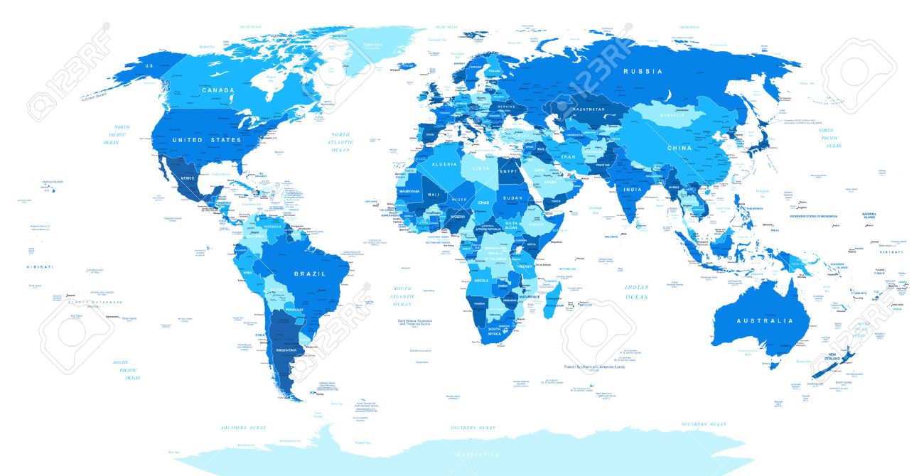 青の世界地図 罫線 国および都市 の図 世界地図の非常に詳細なイラスト 画像には 土地の輪郭 国や土地の名前 都市名 水オブジェクト名が含まれています のイラスト素材 ベクタ Image