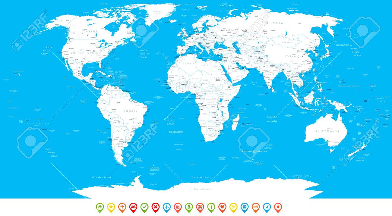 Blanc Carte Du Monde Et Les Icônes De Navigation Illustration Très Détaillée Carte Du Monde Les Pays Les Villes Les Objets De Leau