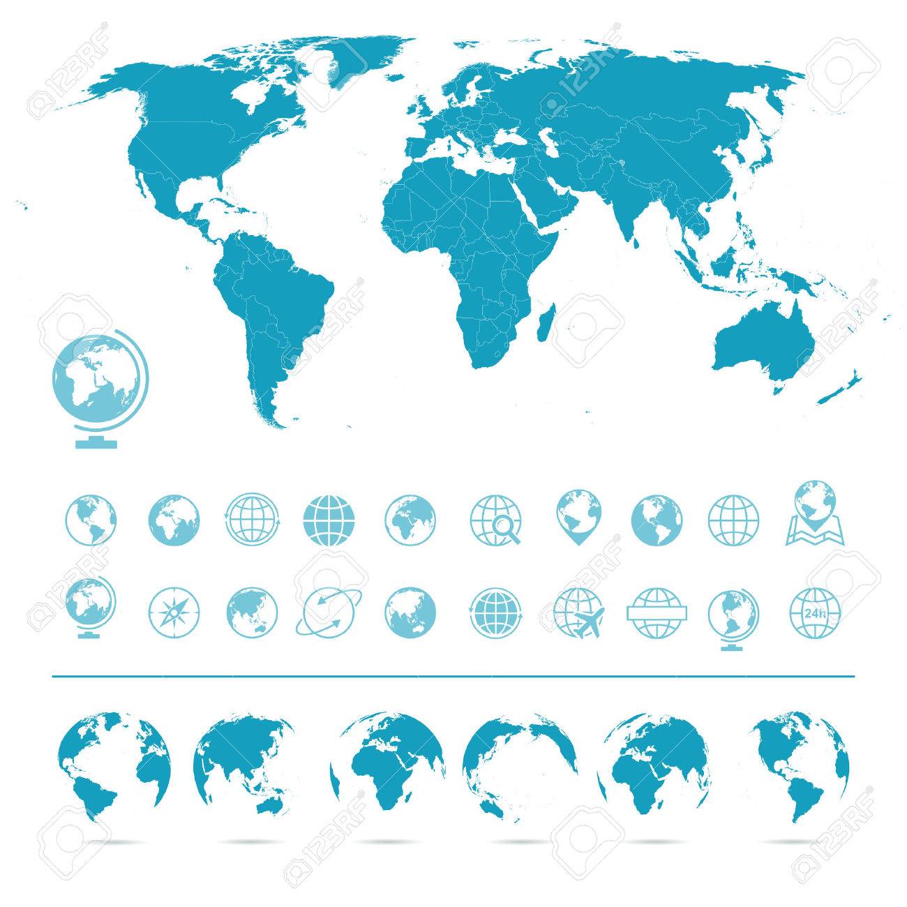 世界地図 地球儀のアイコンとシンボルのイラスト 世界地図と地球儀のセットです のイラスト素材 ベクタ Image