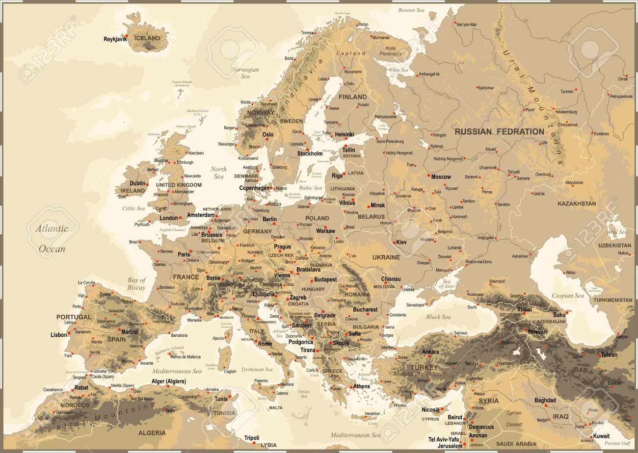highly detailed colored vector illustration of europe map borders countries and cities illustration