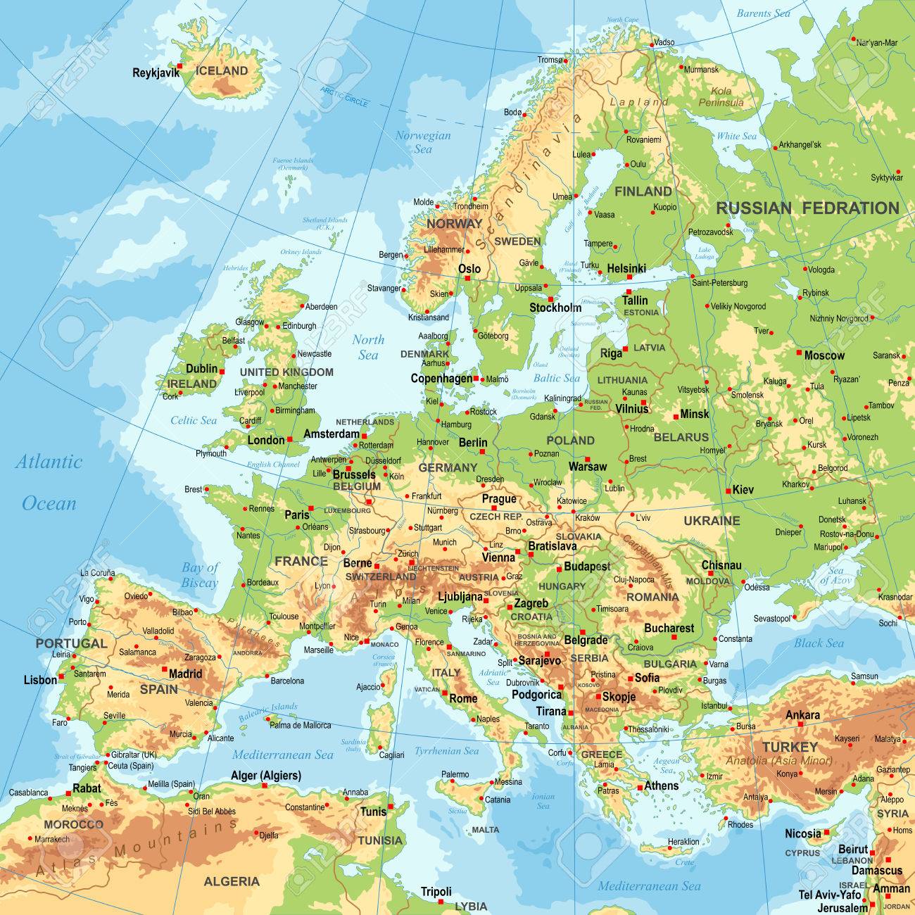 highly detailed colored vector illustration of europe map borders countries and cities illustration