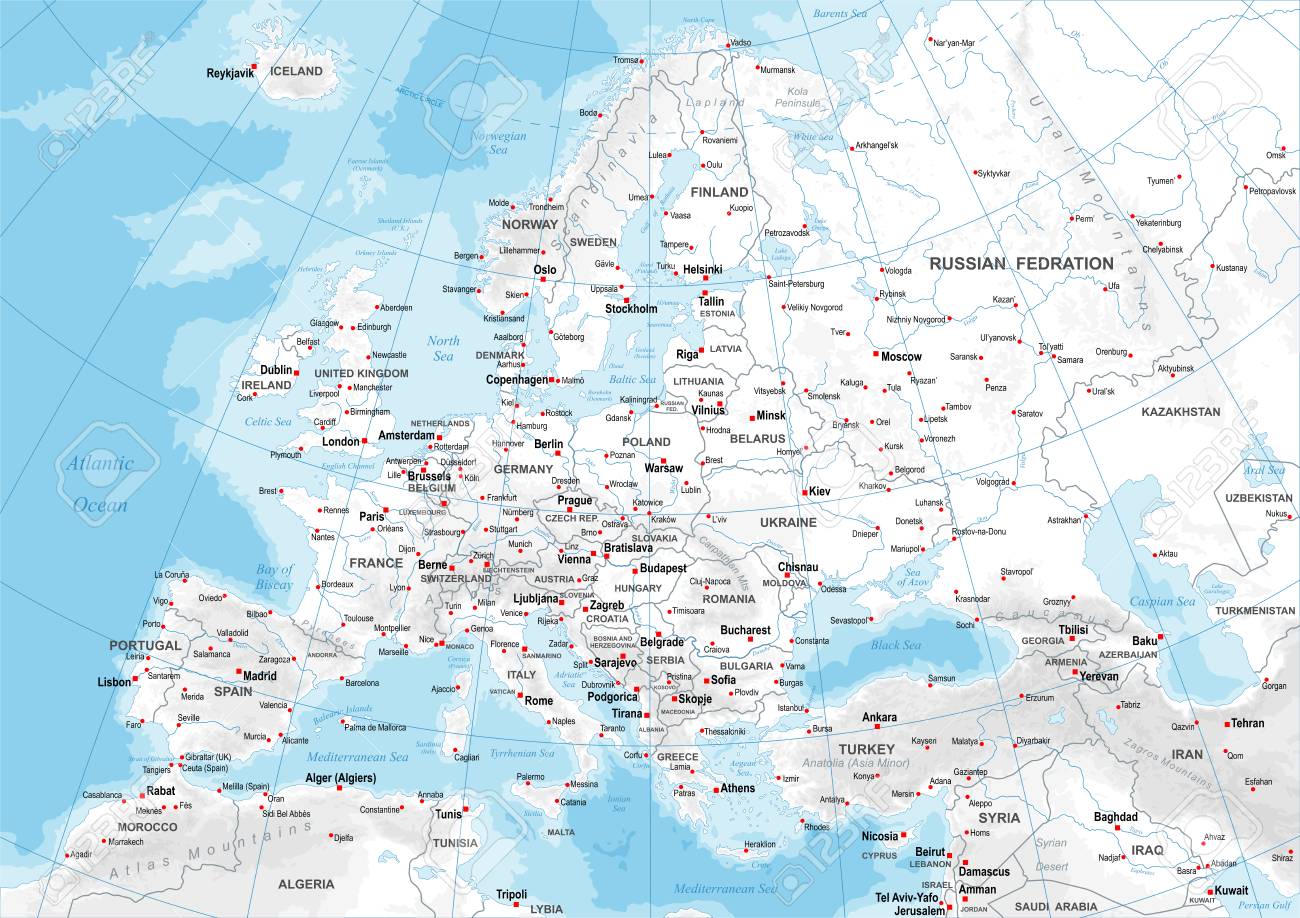 highly detailed colored vector illustration of europe map borders countries and cities illustration