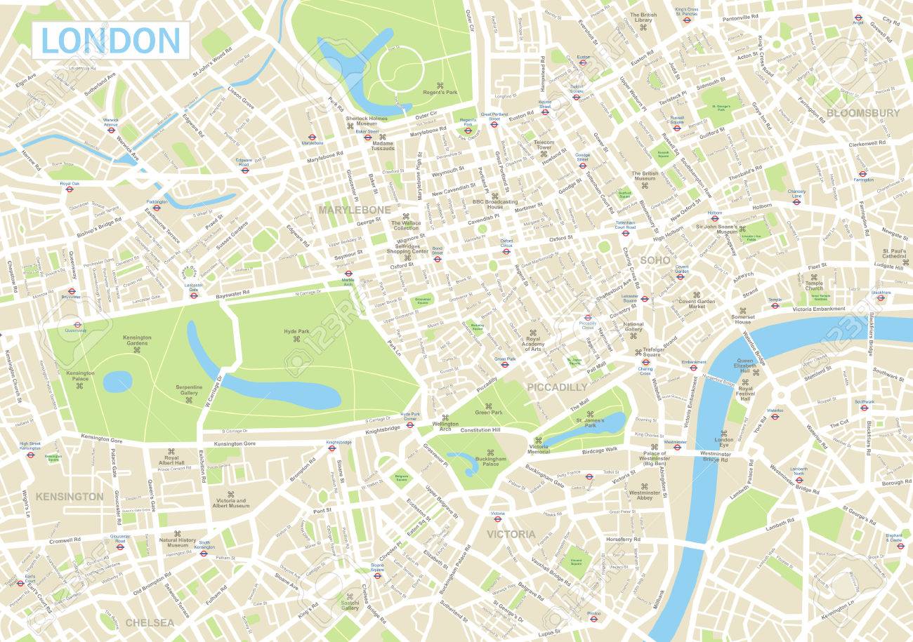 Highly detailed vector map of London.It's includes: - streets- parks- names of subdistricts- points of interests - 68039834 Highly detailed vector map of London.It's includes: - streets- parks- names of subdistricts- points of interests - 68039834