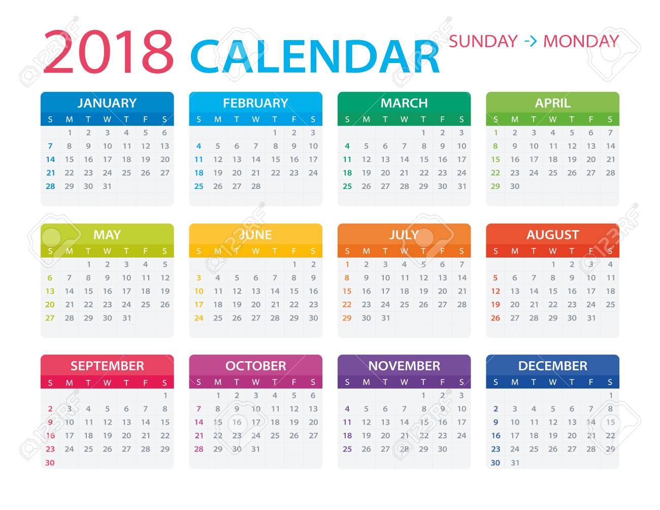vector template of color 2018 calendar sunday to monday royalty monday sunday calendar