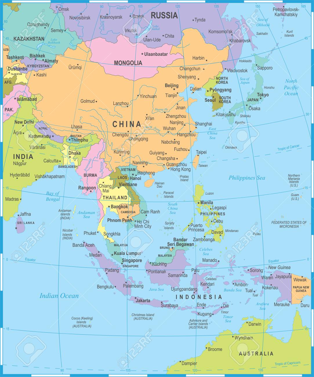 east asia map detailed vector illustration stock vector 85730083