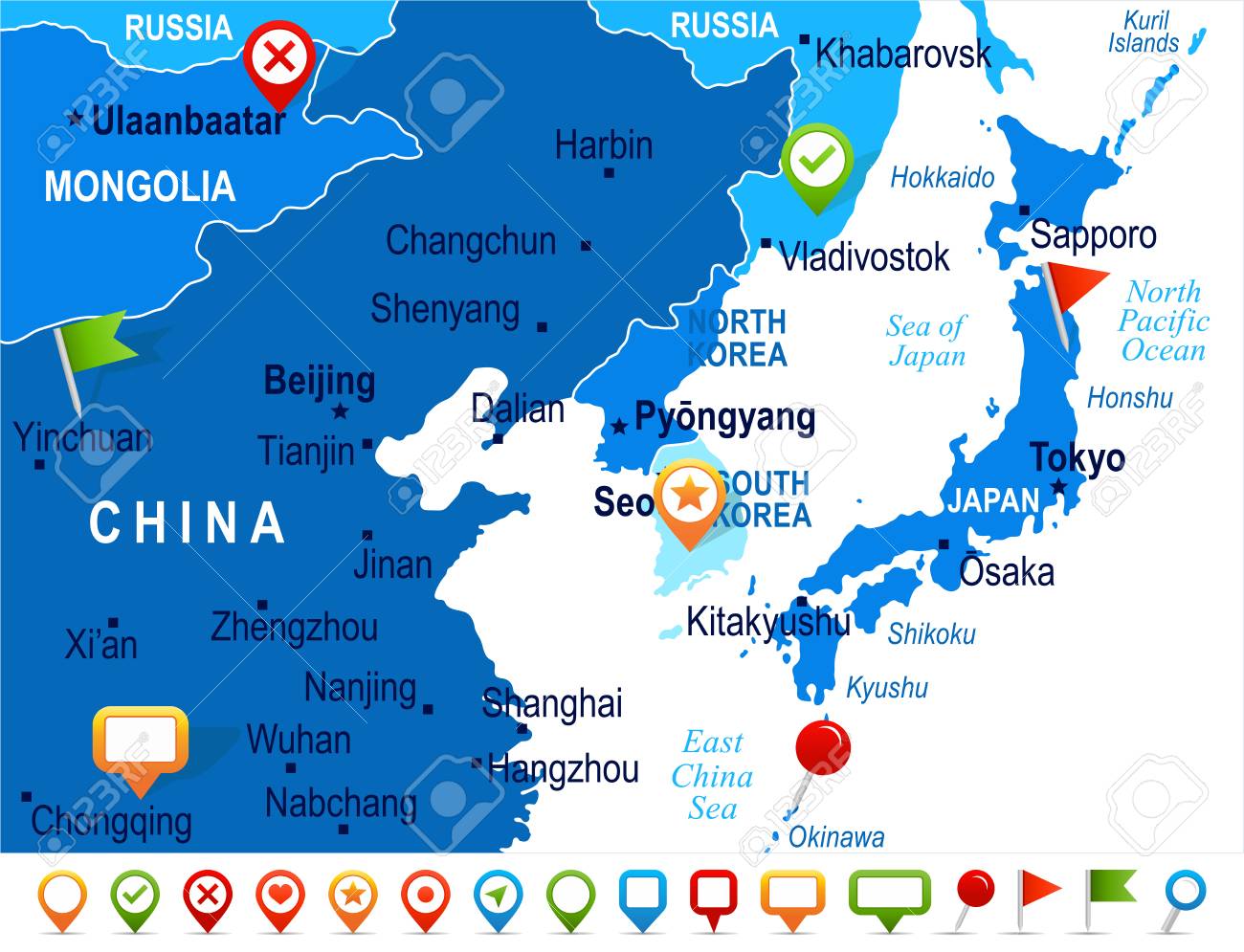north korea south korea japan china russia mongolia map detailed vector illustration stock vector