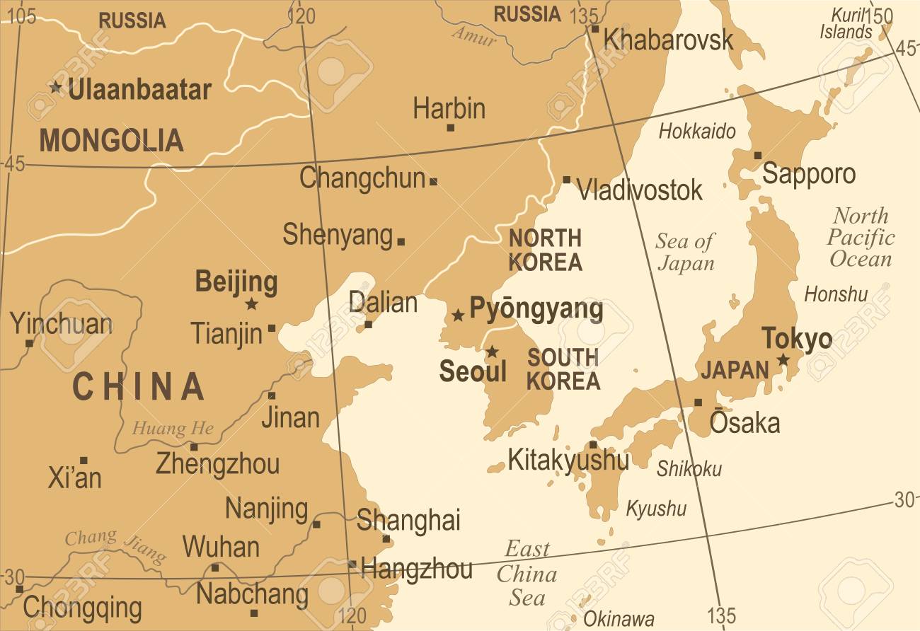 north korea south korea japan china russia mongolia map vintage detailed vector illustration stock vector