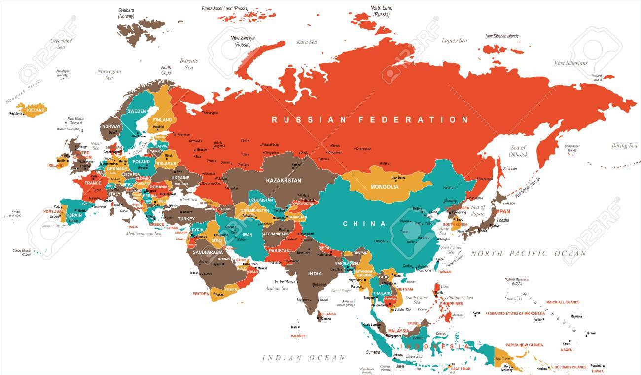 ユーラシア大陸ヨーロッパ ロシア中国インド インドネシア タイ地図 詳細なベクトル図 のイラスト素材 ベクタ Image