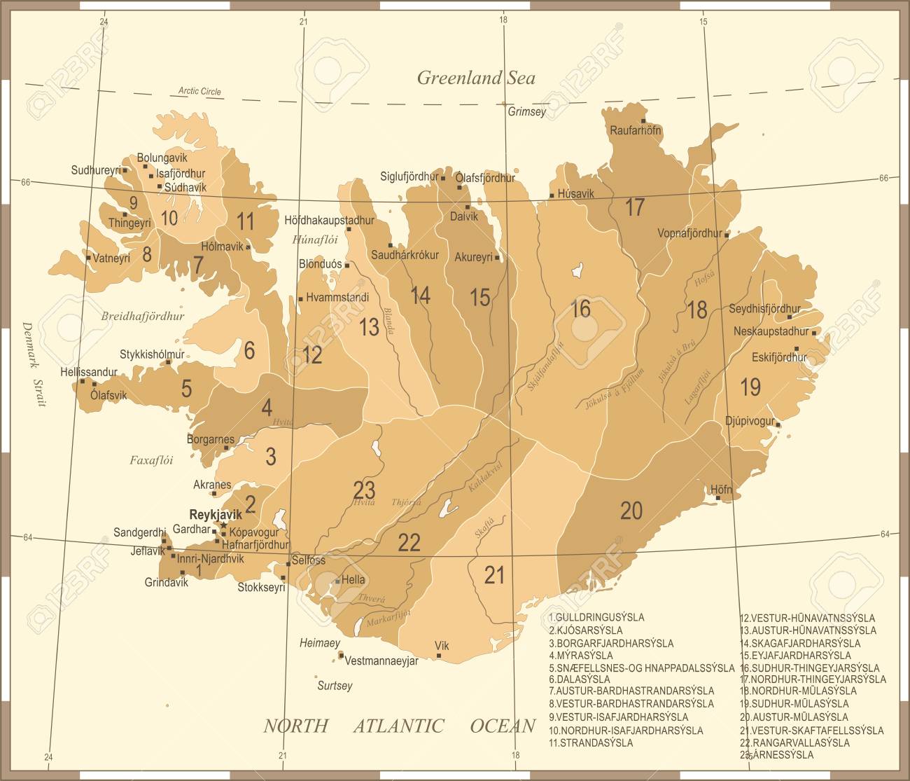 アイスランド地図 ヴィンテージ高詳細ベクトルイラストのイラスト素材 ベクタ Image