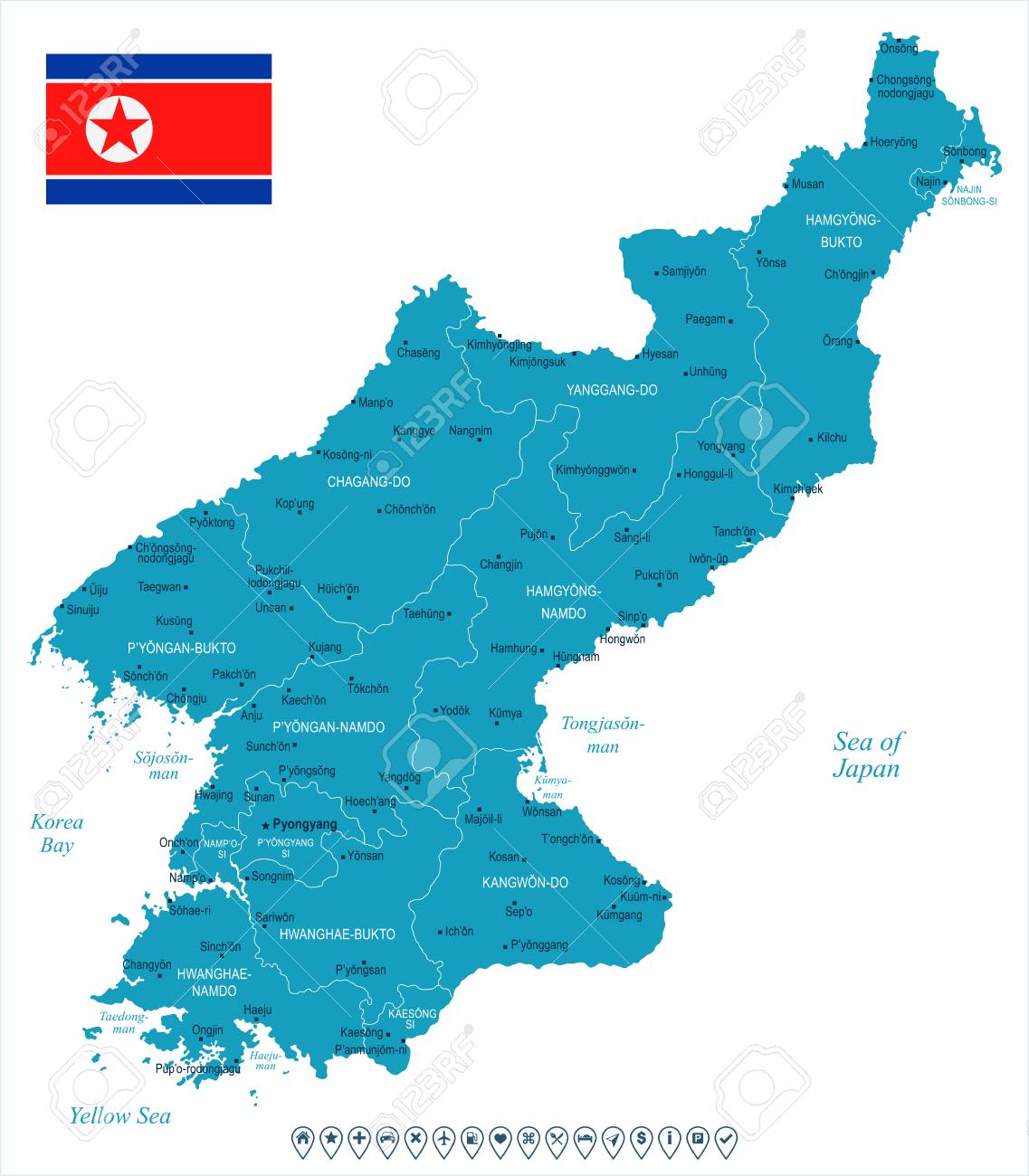 北朝鮮地図と旗高詳細ベクトルイラストのイラスト素材・ベクター