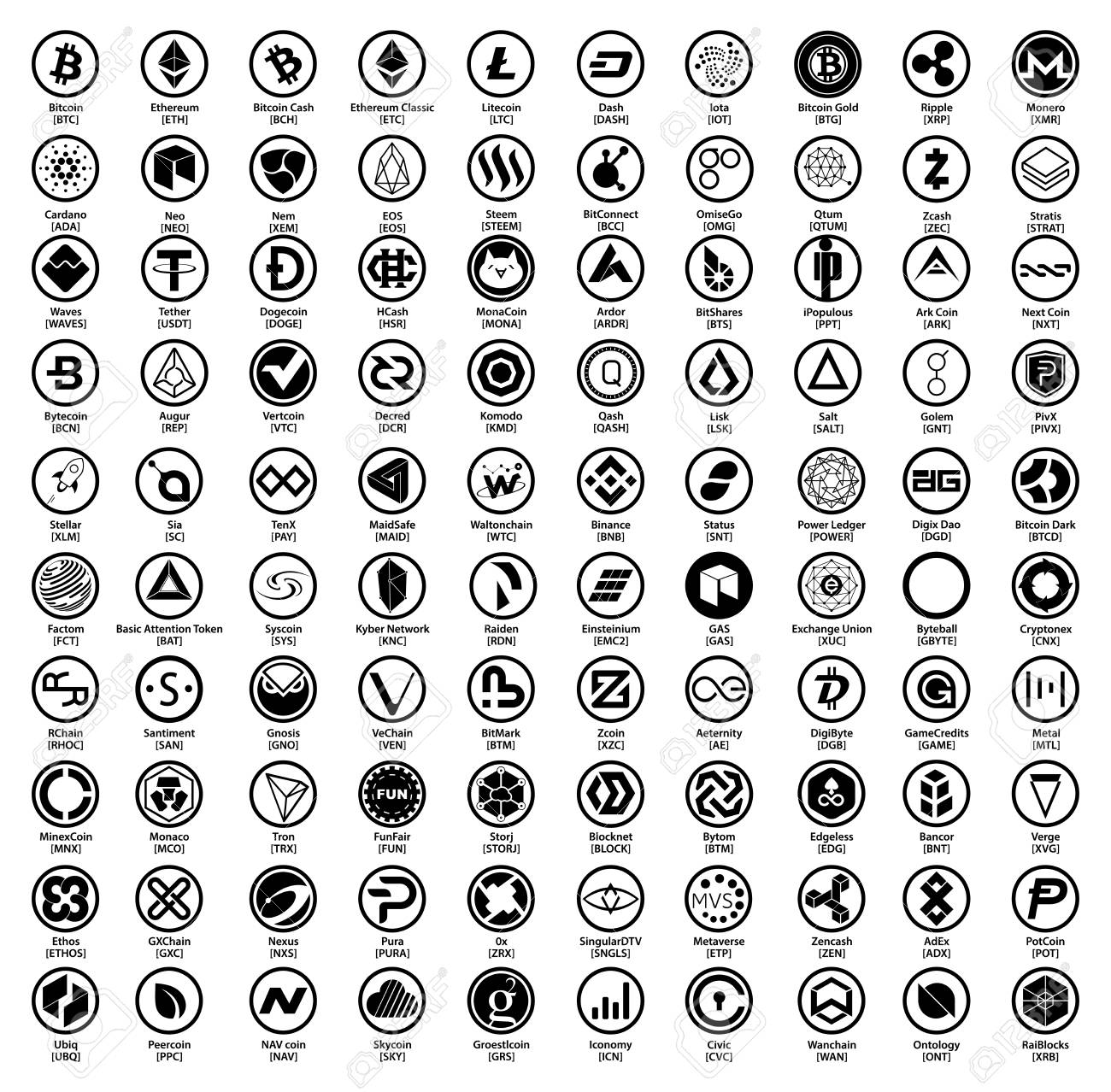 暗号通貨ブロックチェーン資産ベクターロゴは、白い背景に分離された黒丸を設定しますのイラスト素材・ベクター Image 106056561