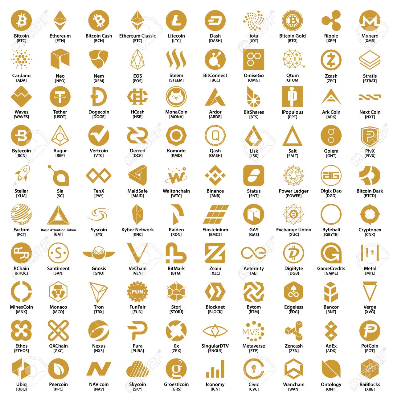 Crypto Currency Blockchain Assets Vector Logo Set Golden Isolated On White  Background Royalty Free SVG, Cliparts, Vectors, and Stock Illustration.  Image 106095476.