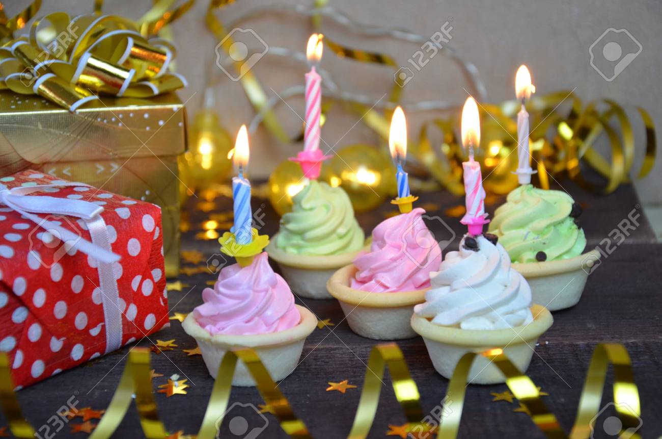 Cupcake Decorated With Colorful Birthday Candles Gifts Golden Stock Photo Picture And Royalty Free Image Image