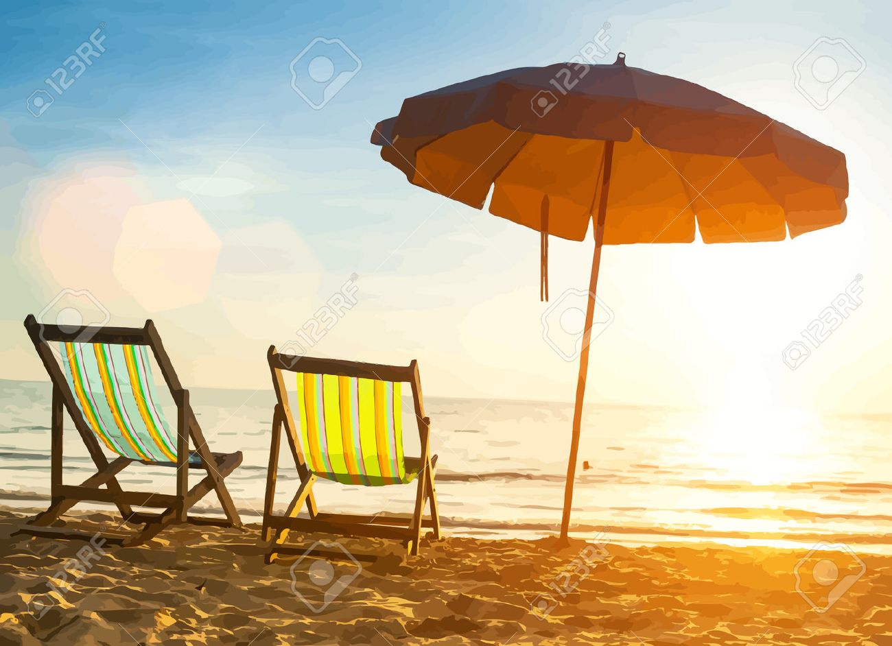 Beach loungers on deserted coast sea at sunrise. Vector illustration. - 40447093 Beach loungers on deserted coast sea at sunrise. Vector illustration. - 40447093