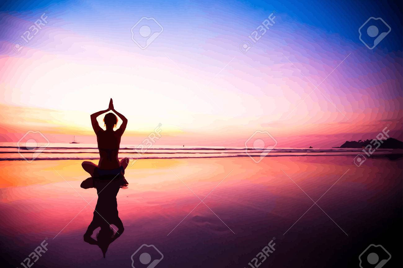 Silhouette of a woman meditating on the beach at sunset. Vector illustrations. - 40348449 Silhouette of a woman meditating on the beach at sunset. Vector illustrations. - 40348449