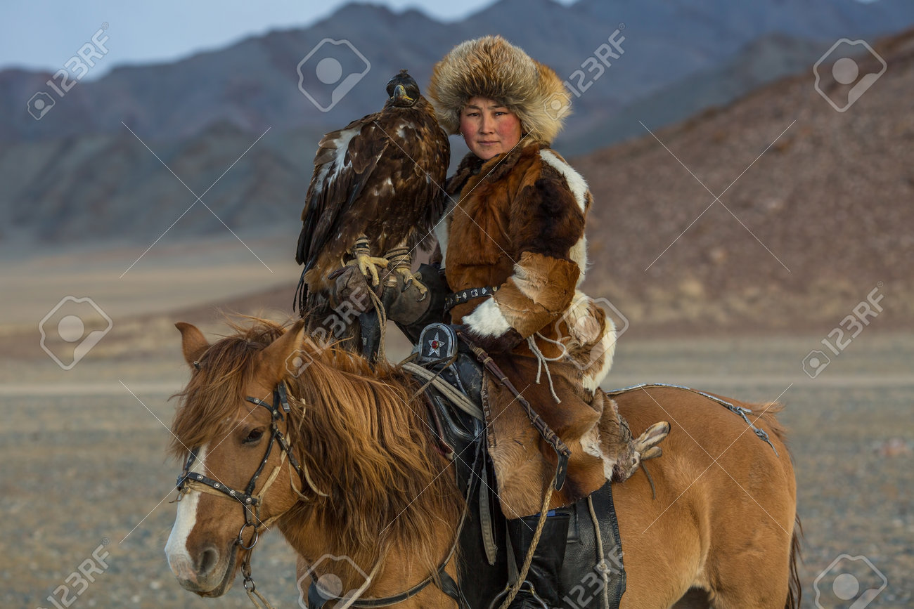 Sagsay Mongolia Sep 28 2017 Kazakh Woman Eagle Hunter Traditional