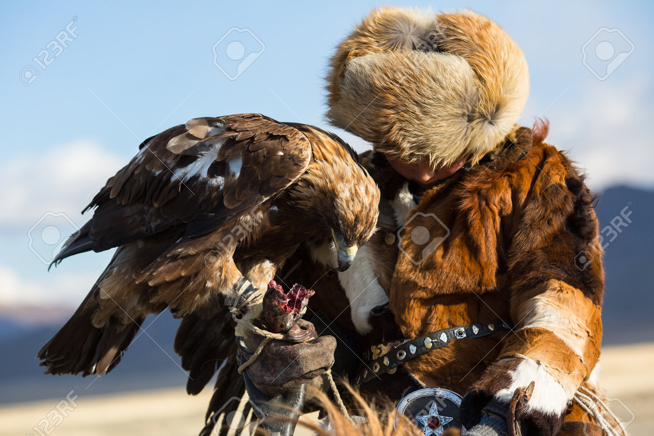 Sagsay Mongolia Sep 28 2017 Golden Eagle Hunter While Hunting