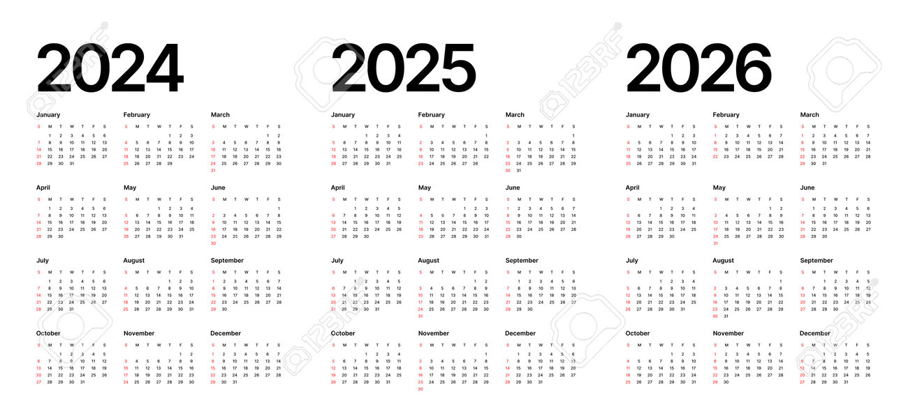 2024年、2025年、2026年の年間カレンダーテンプレート。週は日曜日に