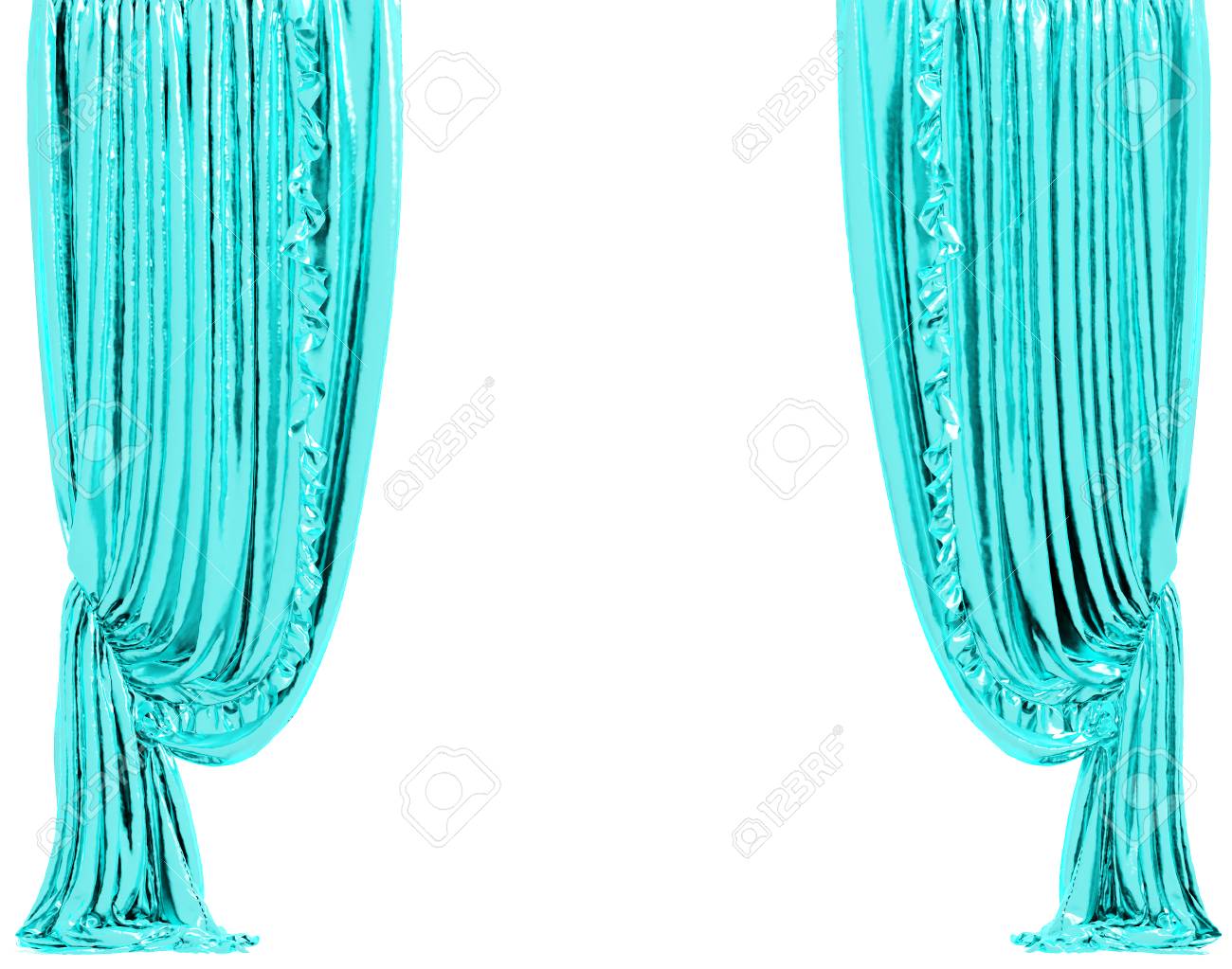ターコイズ ブルーのカーテン 白で隔離背景にはクリッピング パスが含まれます 3 D イラストレーション の写真素材 画像素材 Image