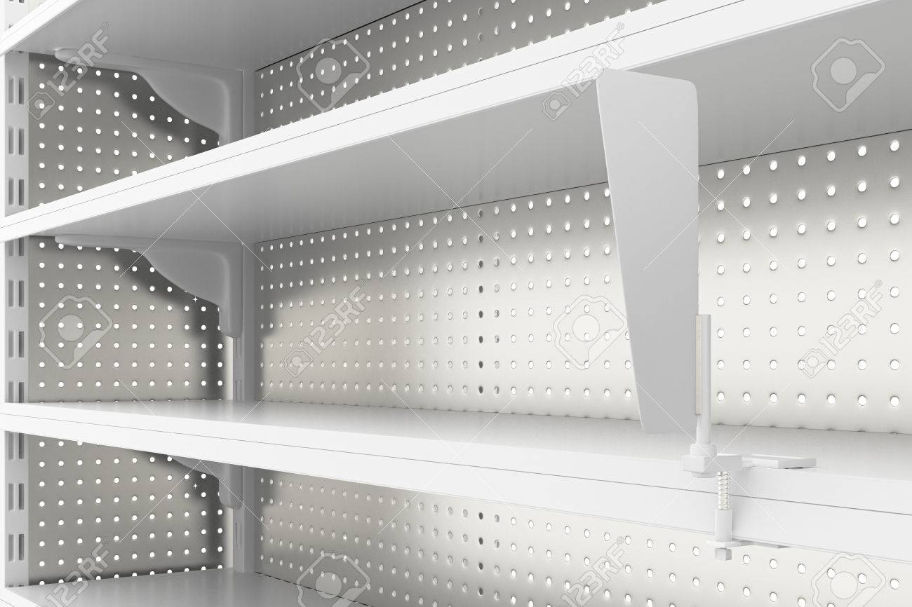 Empty supermarket shelves with blank label isolated on white background. 3d render - 79280635 Empty supermarket shelves with blank label isolated on white background. 3d render - 79280635