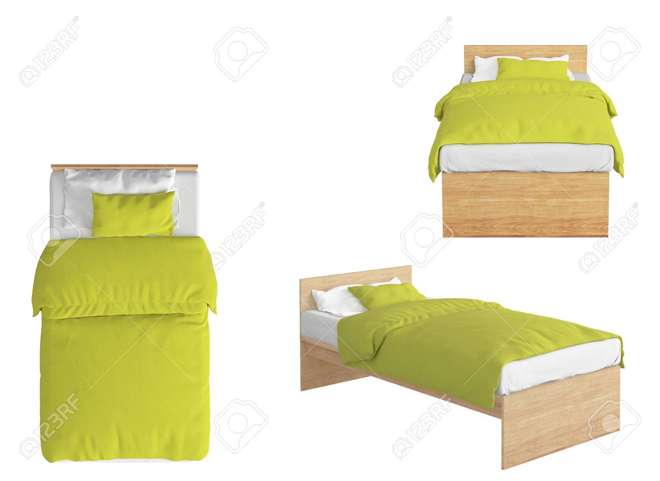 Wooden Twin Size Single Bed With Yellow Linen Isolated On White Background.  3d Render Stock Photo, Picture and Royalty Free Image. Image 79256655., image size:1300x949