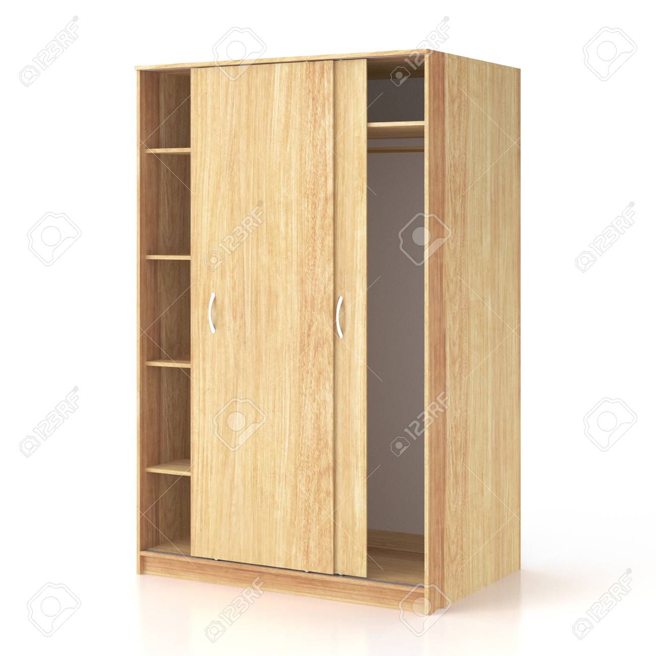 Empty Wooden Wardrobe With Sliding Doors Isolated On White Background