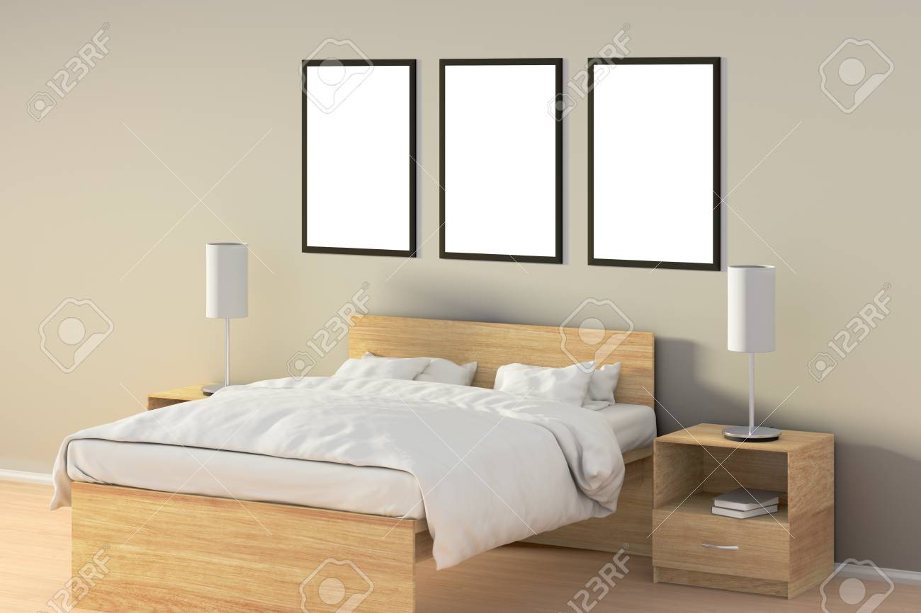 Drie Lege Verticale Posters In Slaapkamer Over Houten Bed ... Drie Lege Verticale Posters In Slaapkamer Over Houten Bed ...