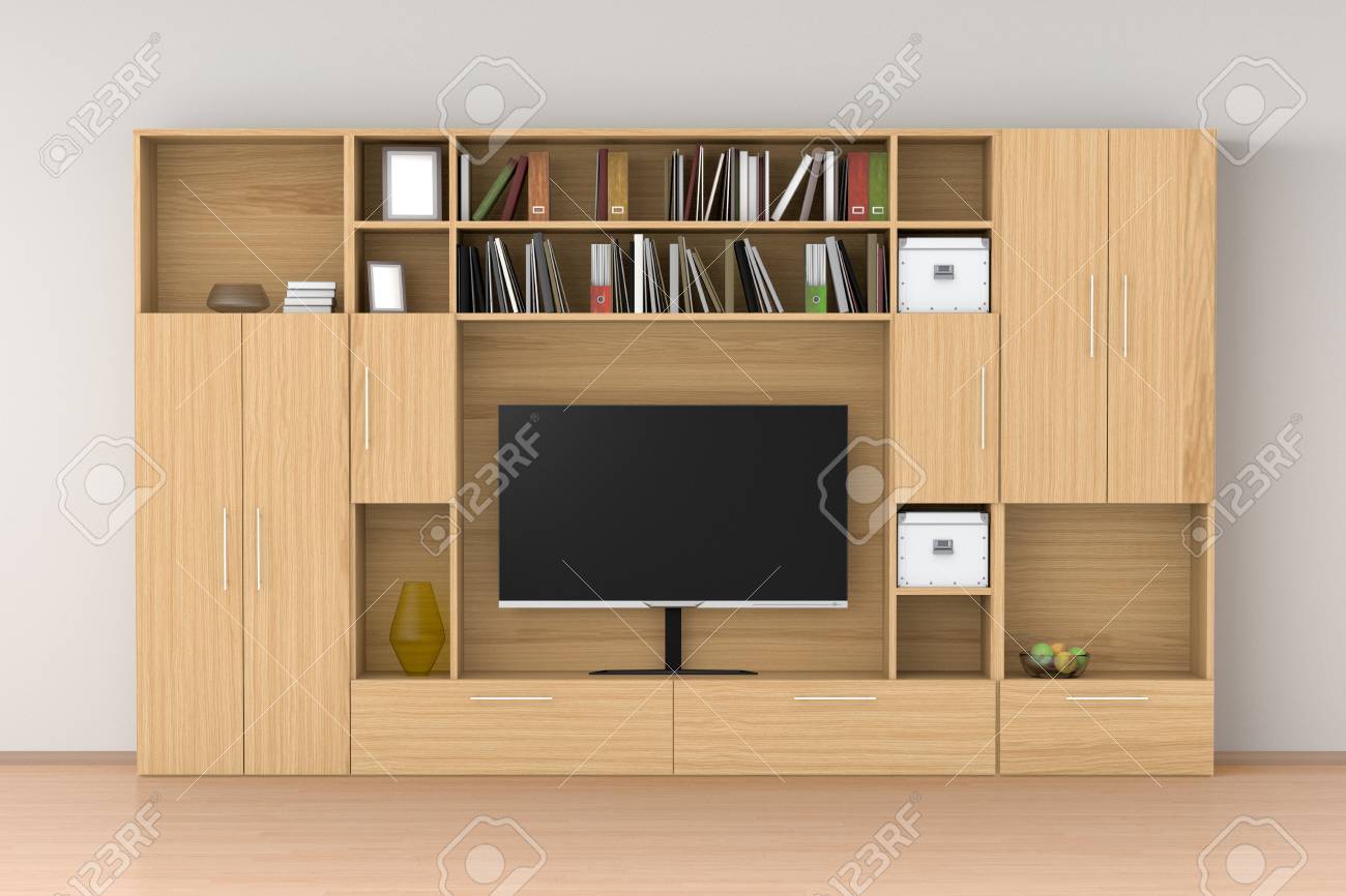 Holzschrank Kleiderschrank Mit Tv Bildschirm Bucher Boxen Im Innenraum Abbildung 3d Lizenzfreie Fotos Bilder Und Stock Fotografie Image 94830549