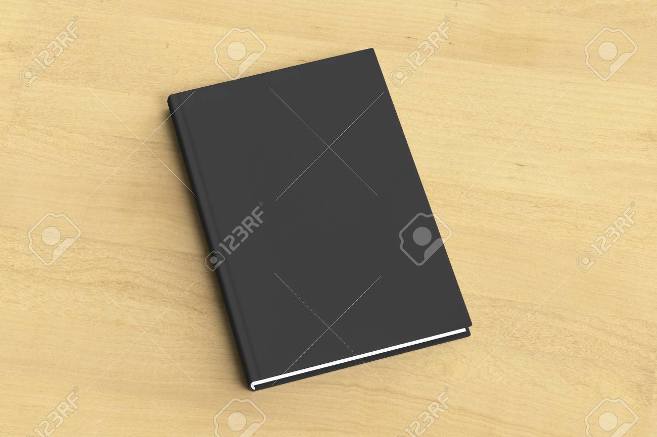 black vertical blank book cover mockup on wooden background with book cover mockup