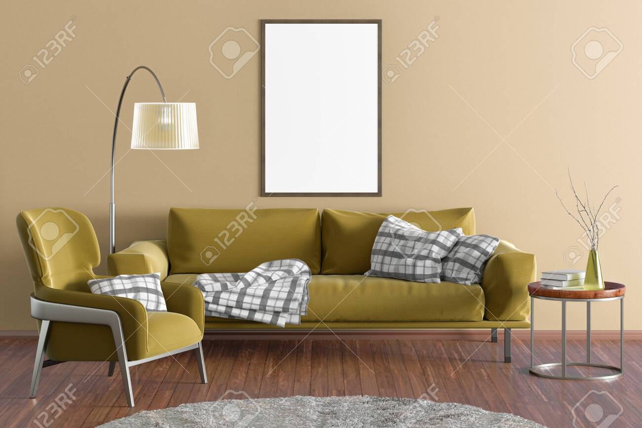 Vertical Blank Poster On Yellow Wall In Interior Of Modern Living - Vertical Blank Poster On Yellow Wall In Interior Of Modern Living