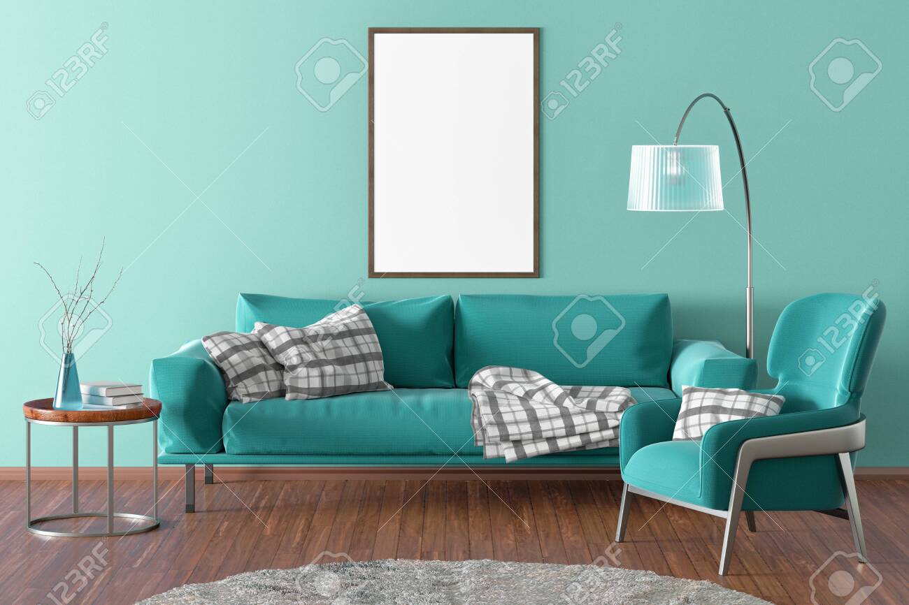 Vertical Blank Poster On Cyan Wall In Interior Of Modern Living - Vertical Blank Poster On Cyan Wall In Interior Of Modern Living