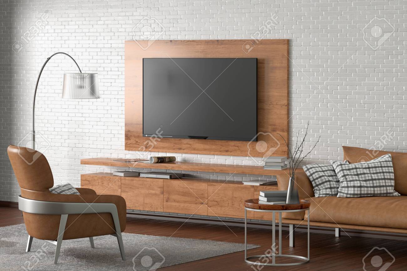 Tv On The White Brick Wall Of Modern Living Room With Brown Leather Stock Photo Picture And Royalty Free Image Image 128685476