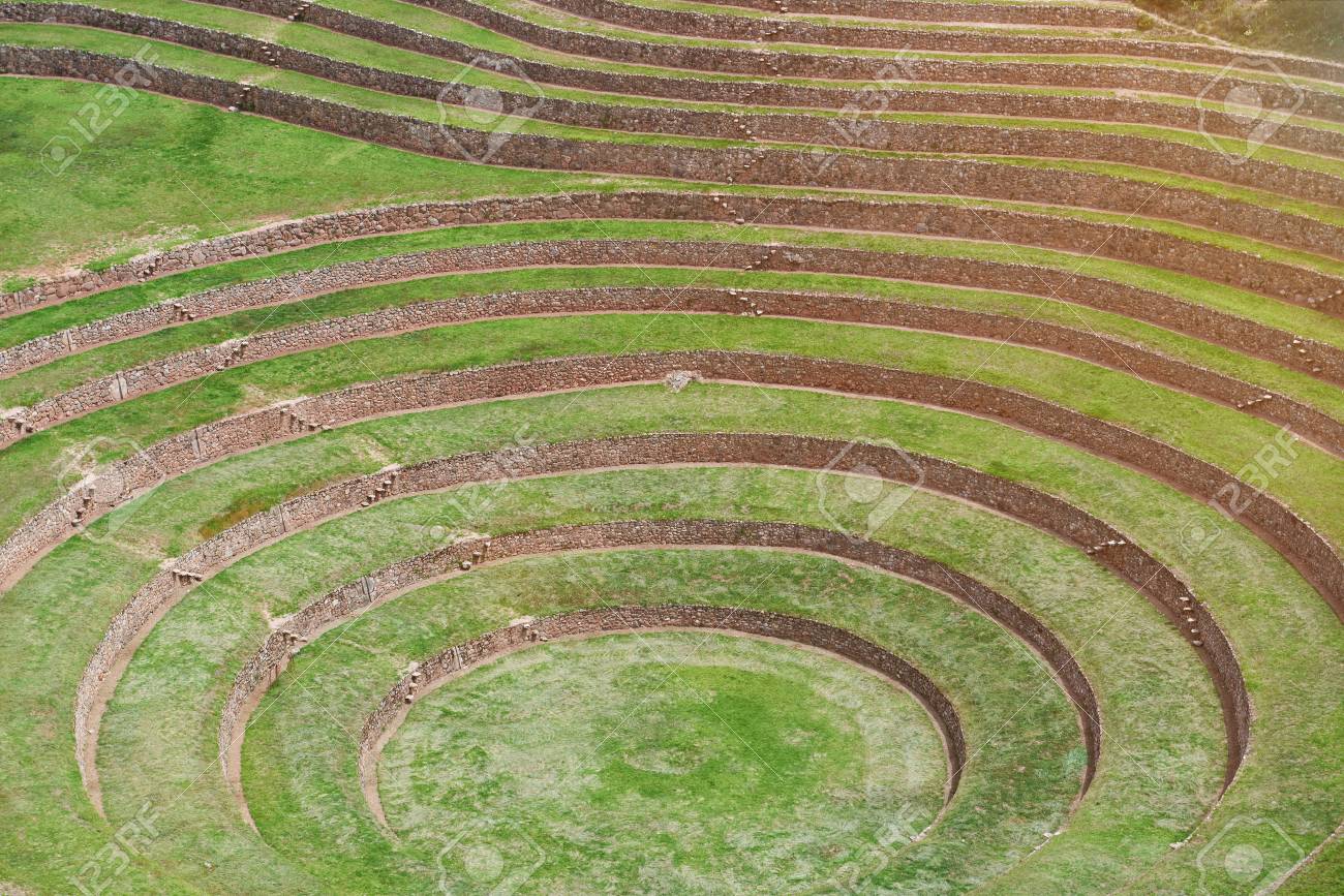 round ancient terraces of peruvian inca agriculture field of inca agriculture