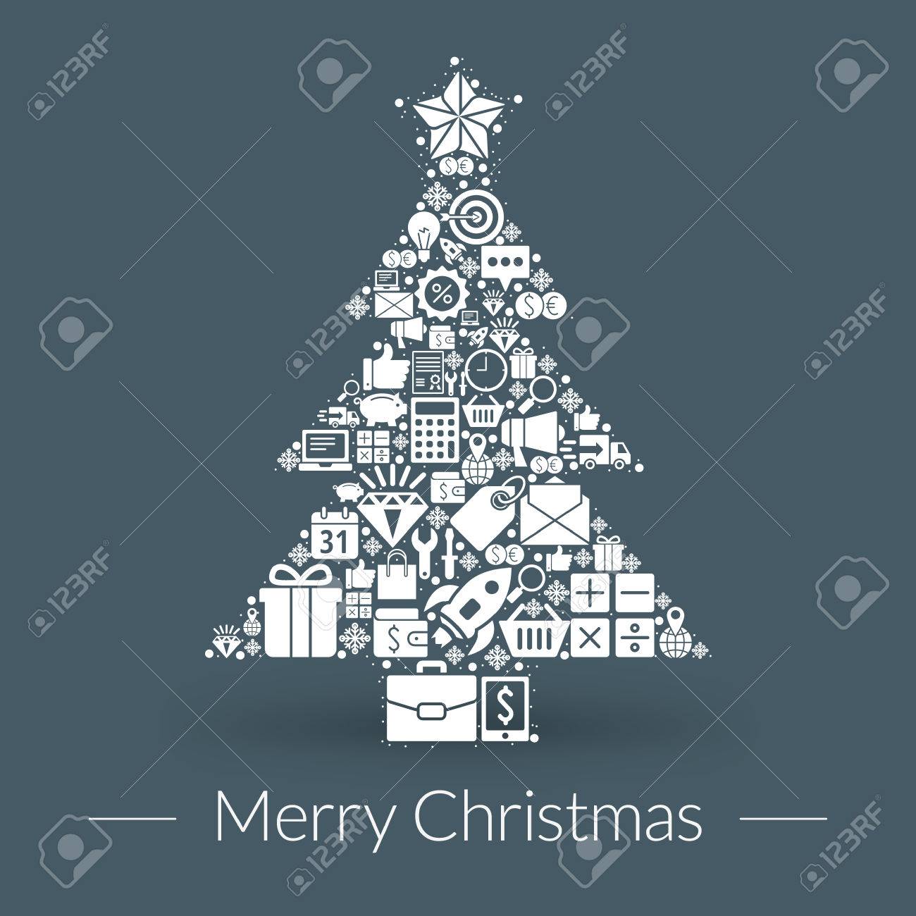 Christmas Greeting Card Icons And Symbols Tree Snowflakes Gift Box