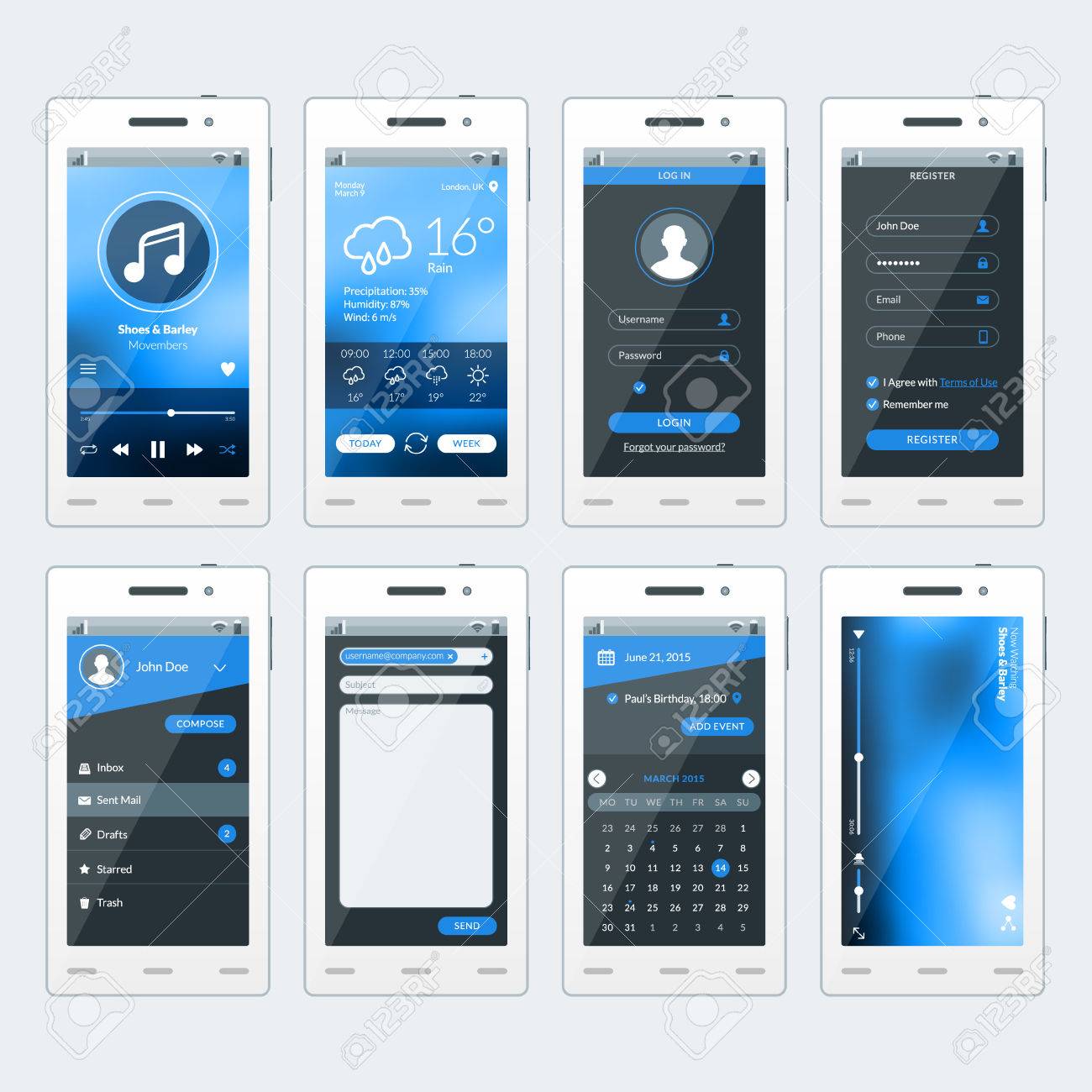 set of vector illustrations of modern smartphone with apps flat design template for mobile apps