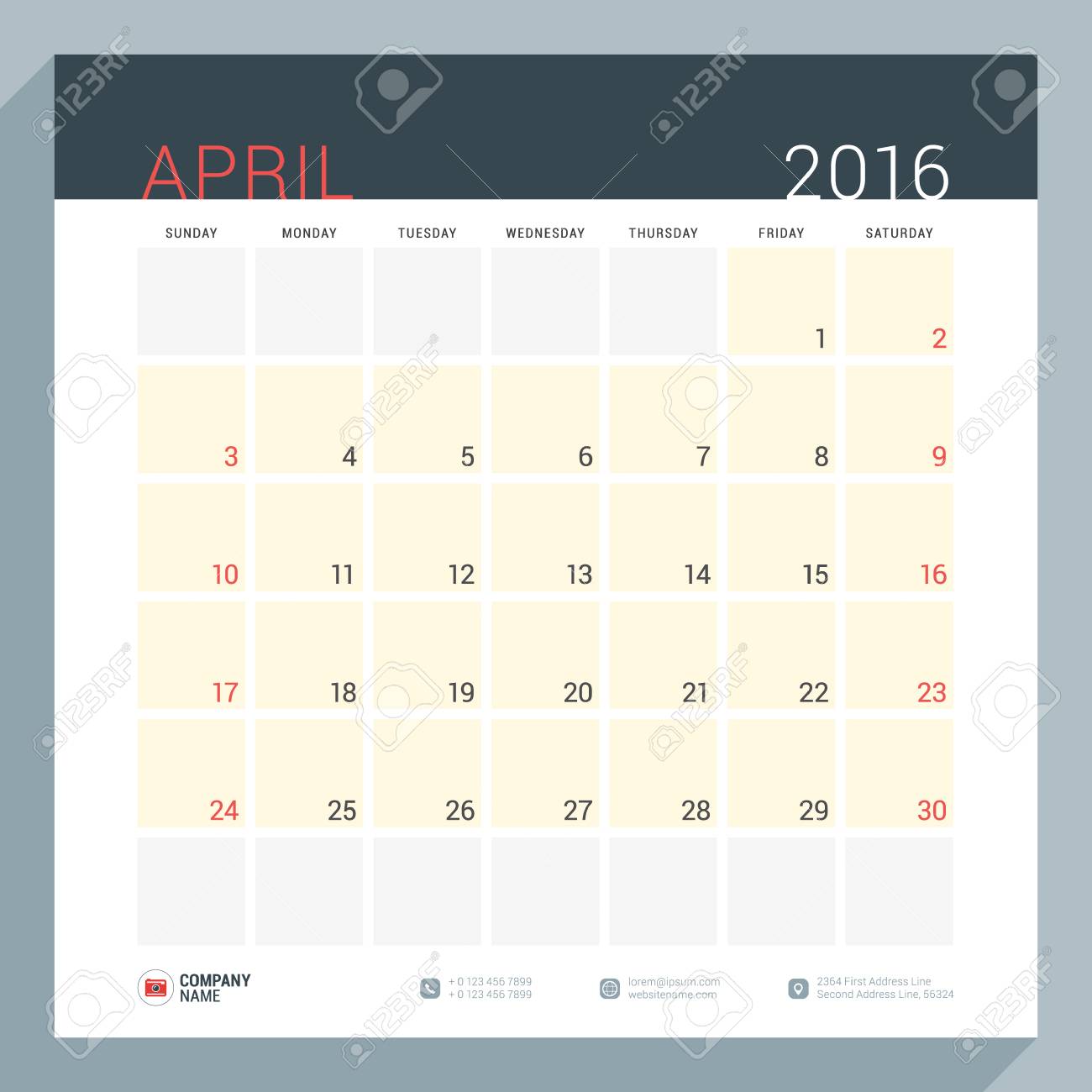 16 年度カレンダー プランナー 文房具のベクトル デザイン印刷テンプレートです ノートのための場所の正方形のページ 週は日曜日から開始します 16 年 4 月 のイラスト素材 ベクタ Image