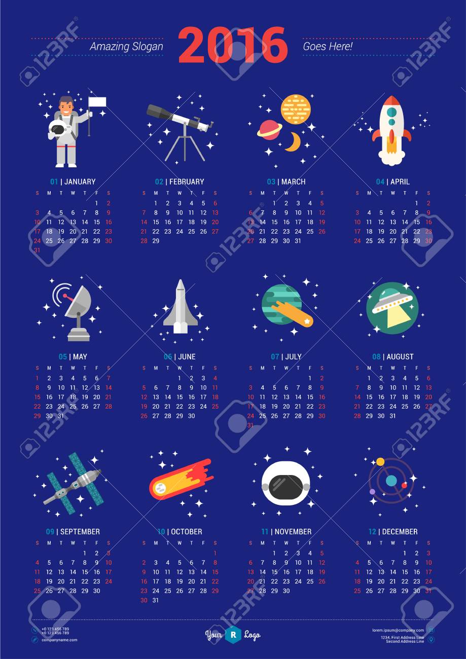 calendar for 2016 year with space icons and illustrations on blue background vector design print