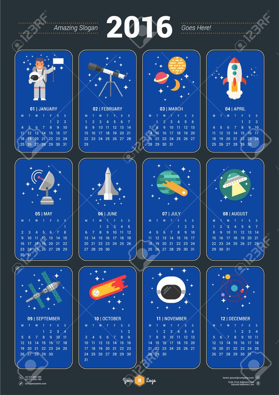 16 年度スペース アイコンと青い背景のイラスト カレンダーです ベクター デザインの印刷テンプレートです 月曜始まり のイラスト素材 ベクタ Image