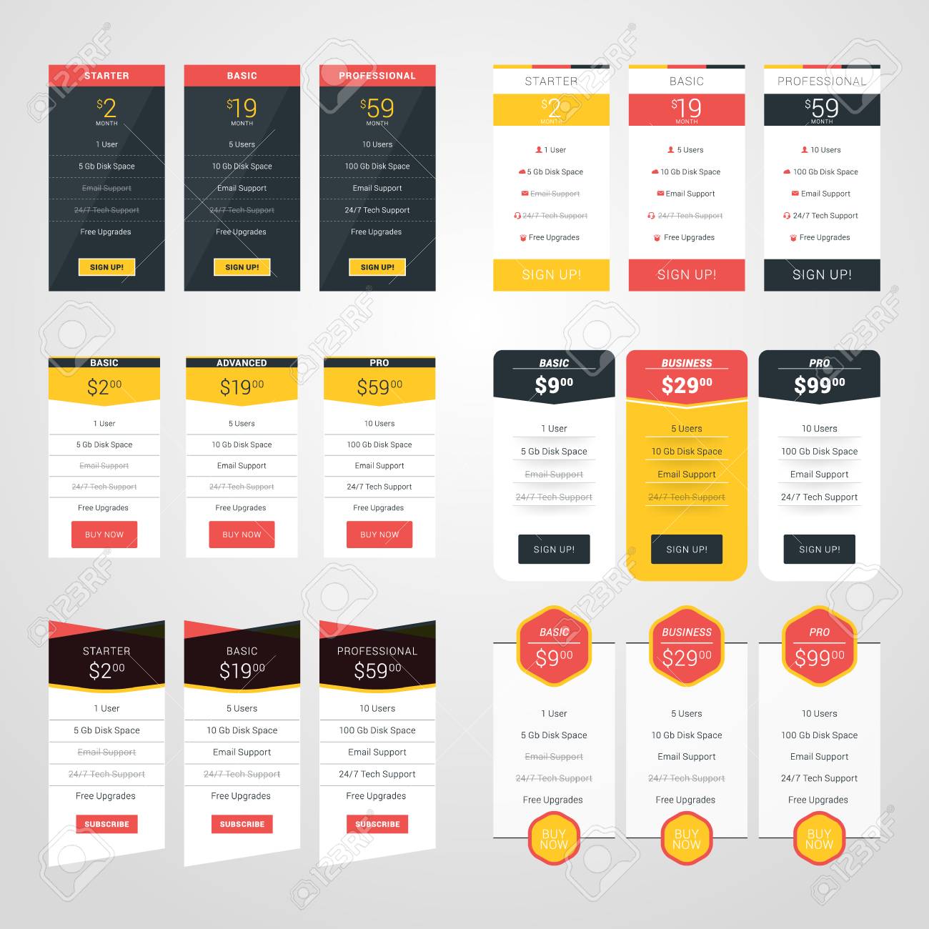 set of pricing table design templates for websites and applications pricing table templates