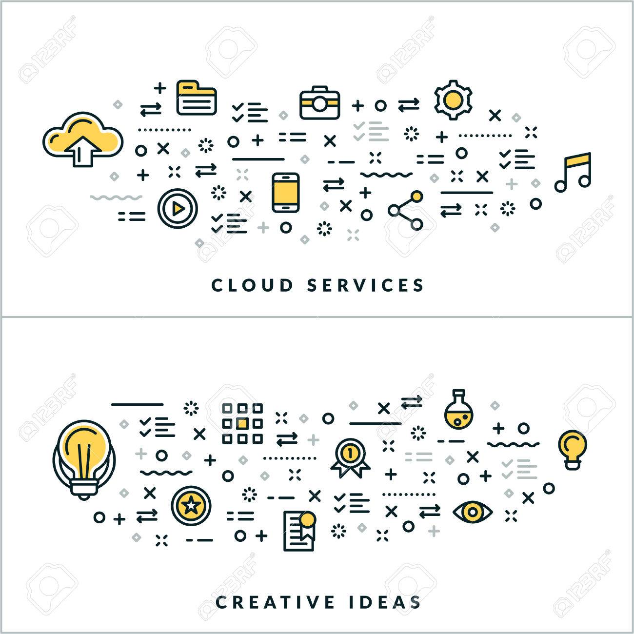 Vector Thin Line Cloud Services Und Kreative Ideen Konzepte Vektor Illustration Fur Website Banner Oder Header Flat Line Icons Und Design Elemente Lizenzfrei Nutzbare Vektorgrafiken Clip Arts Illustrationen Image