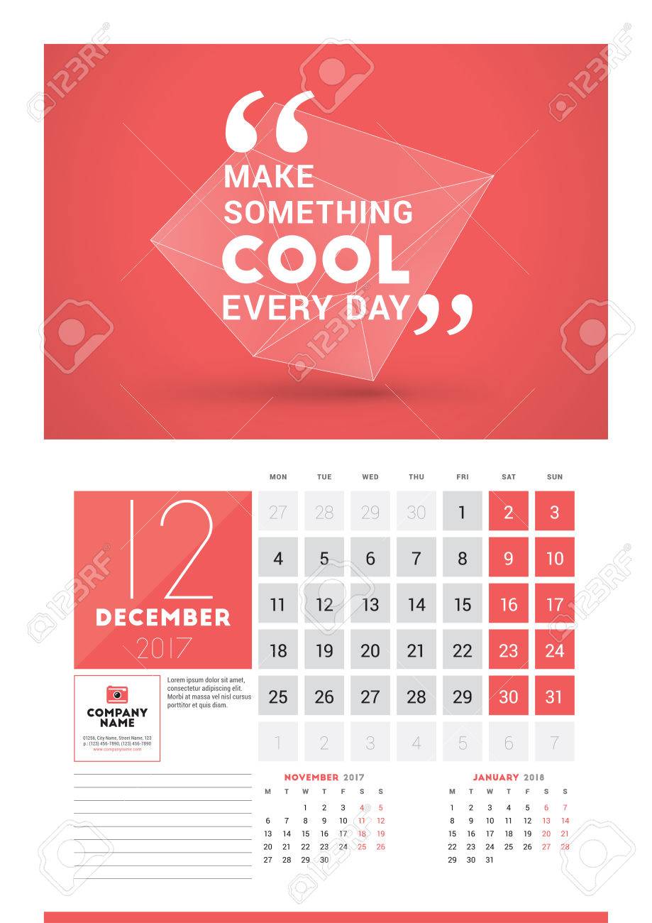 wall calendar planner print template for 2017 year december