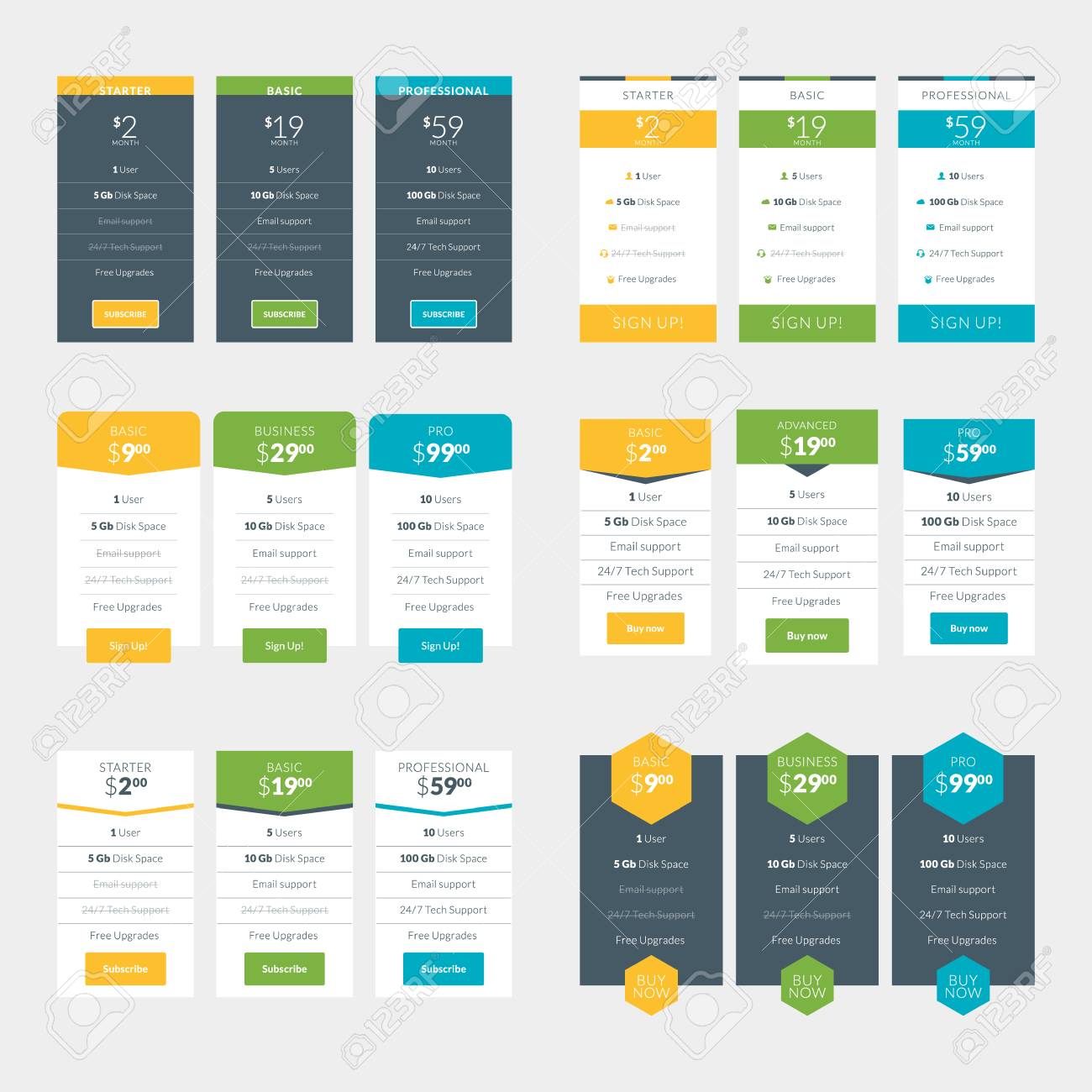 set of pricing table design templates for websites and applications pricing table templates