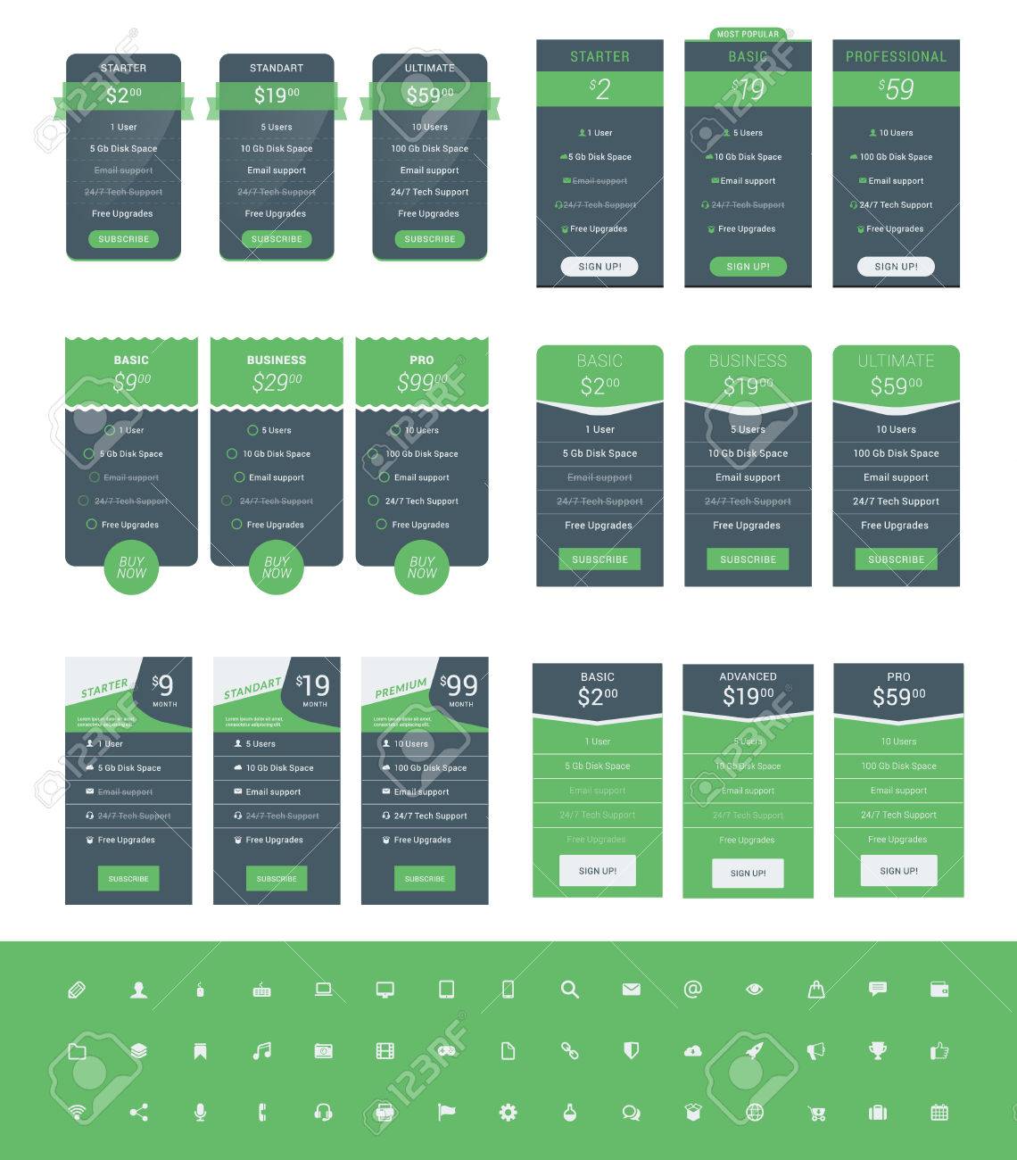 set of pricing table design templates for websites and applications pricing table templates
