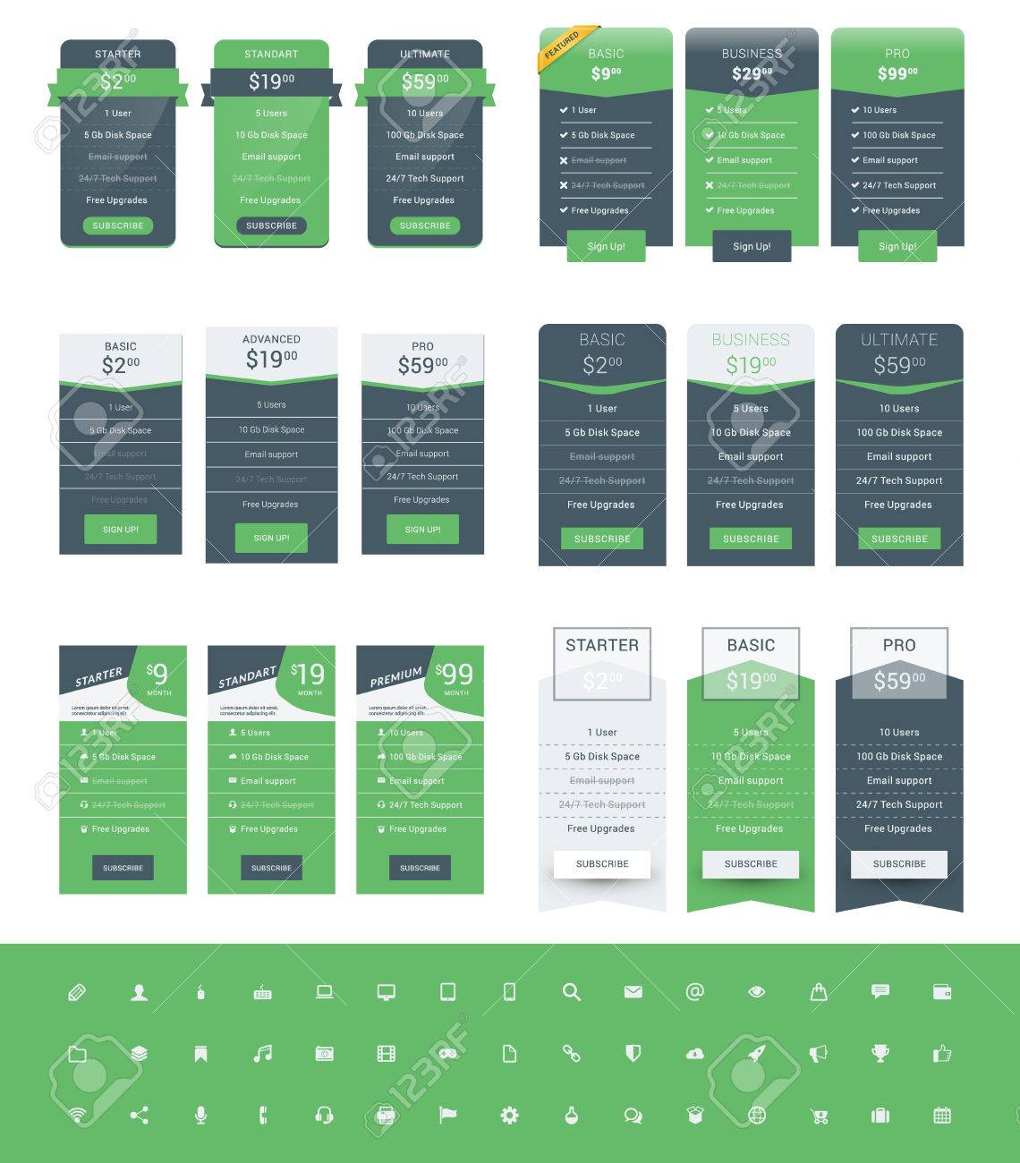 set of pricing table design templates for websites and applications pricing table templates