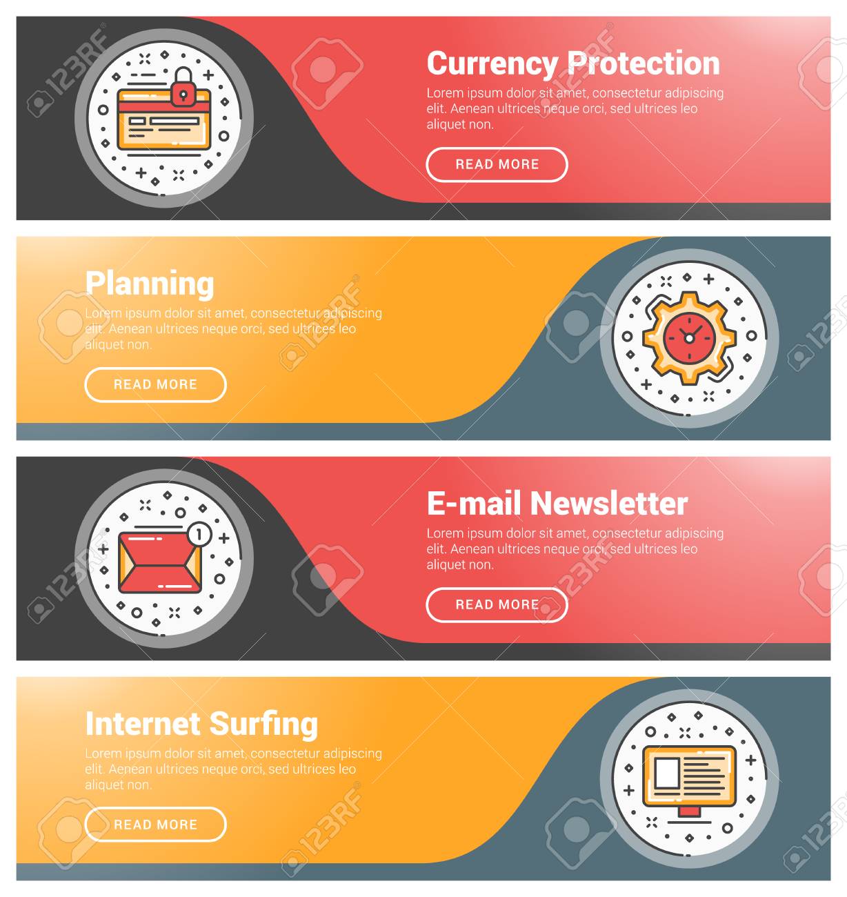 Flat Design Concept Set Of Flat Line Business Website Banner Templates Template For Wesite Headers Vector Illustration Modern Thin Line Icons In Circle Currency Protection Planning E Mail Newsletter Internet Surfing Royalty Free