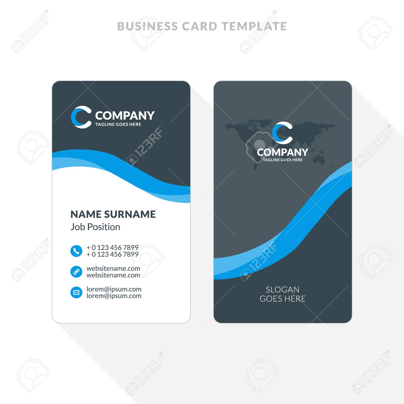 vector vertical double sided business card template blue and black colors flat design vector illustration stationery design