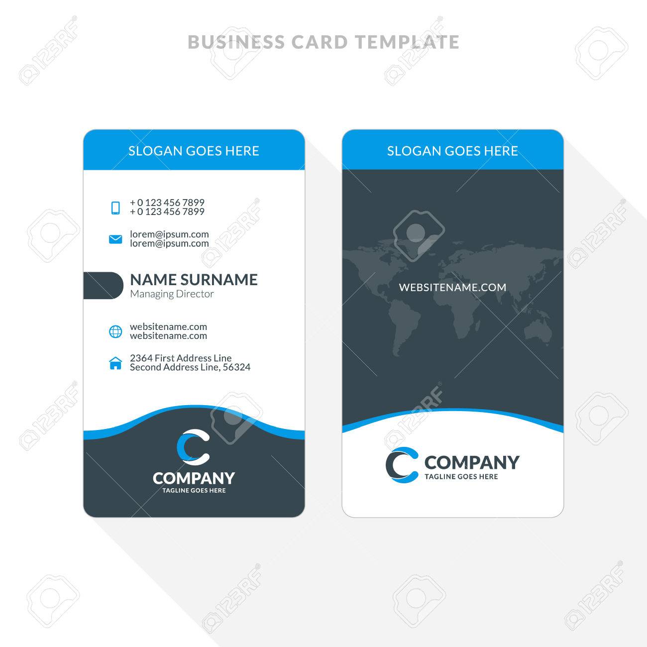 vector vertical double sided business card template blue and black colors flat design vector illustration stationery design