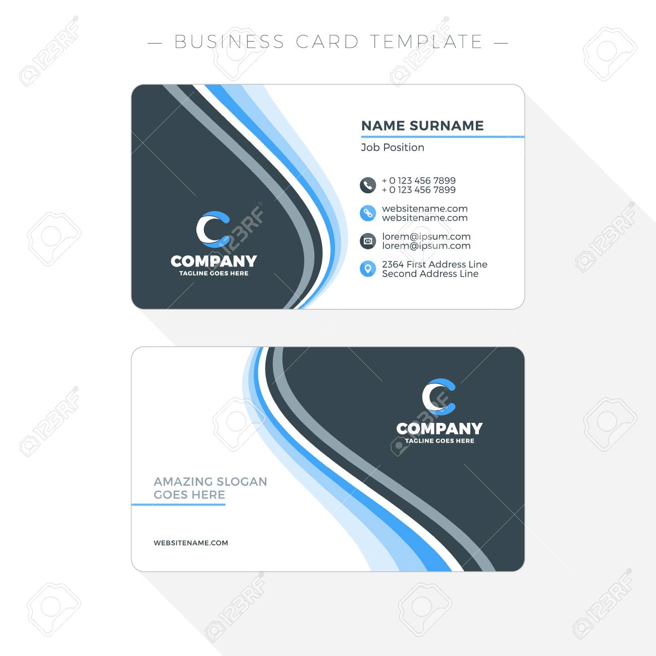 double sided business card template with abstract blue and black