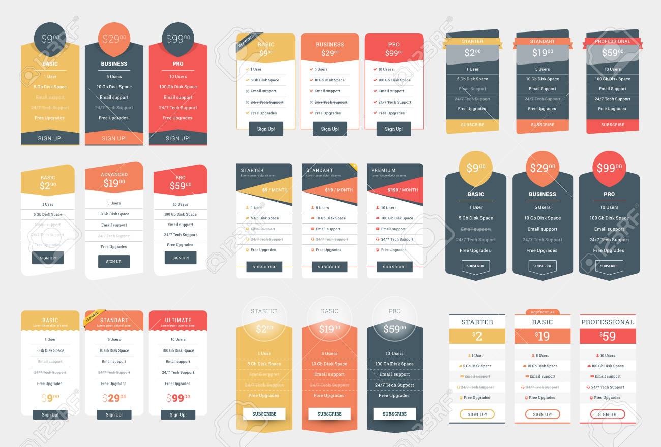 collection of coloful pricing table design templates for websites pricing table templates